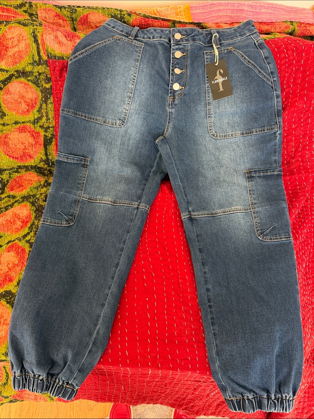 Flamingals Multi-pocket Button Fly Cargo Jeans with Gathered Hem Size XL 12/14
